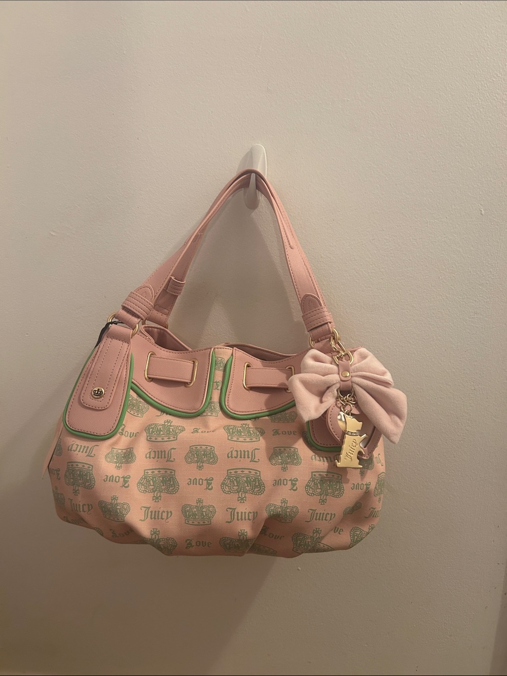 Juicy Couture Pink Shoulder Bag with Green Logo Print and Bow Charm